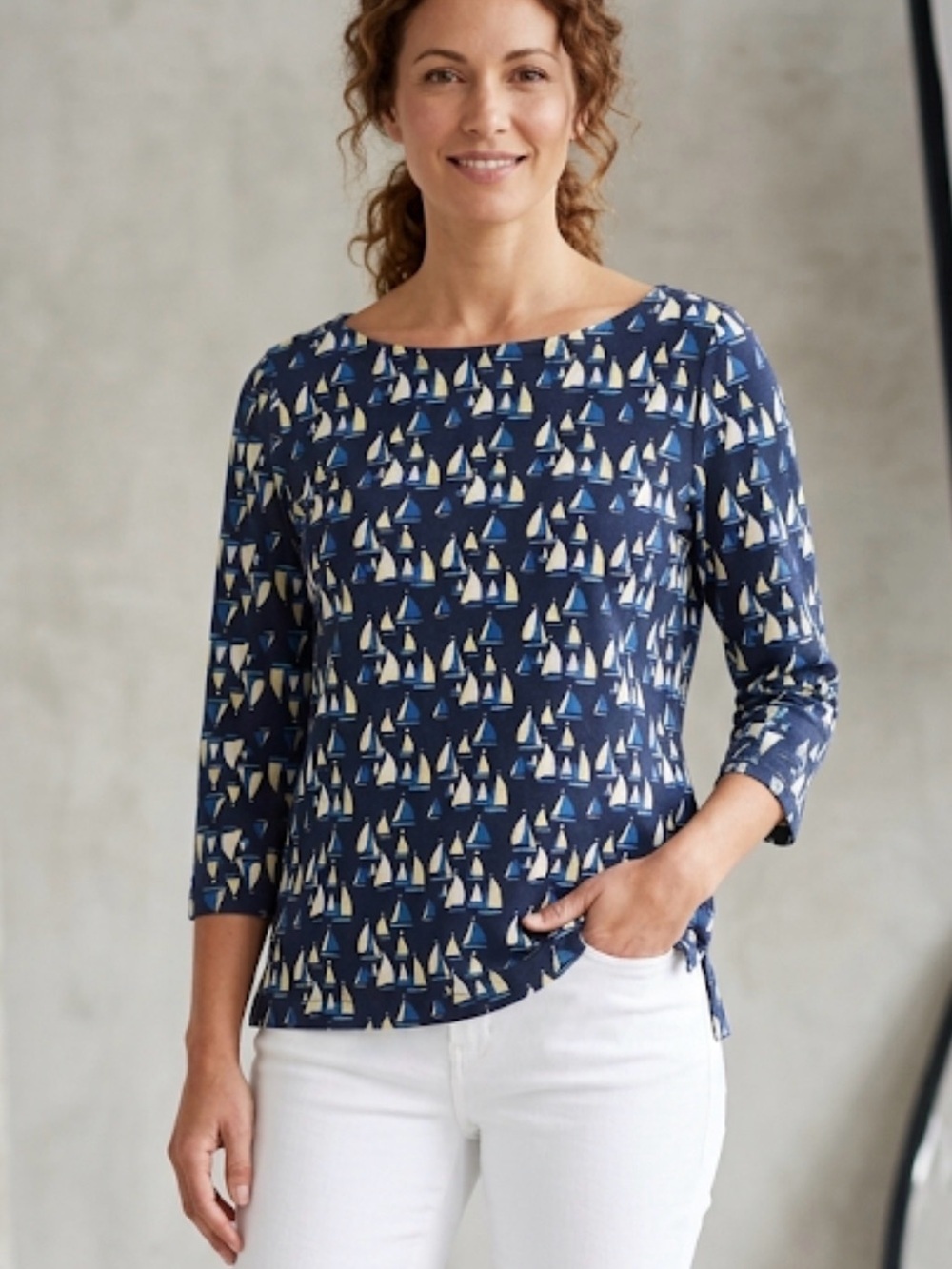 Talbot’s Sailboat Blouse Bateau-Neck Top 3/4 Sleeve Cotton Navy Size L nautical